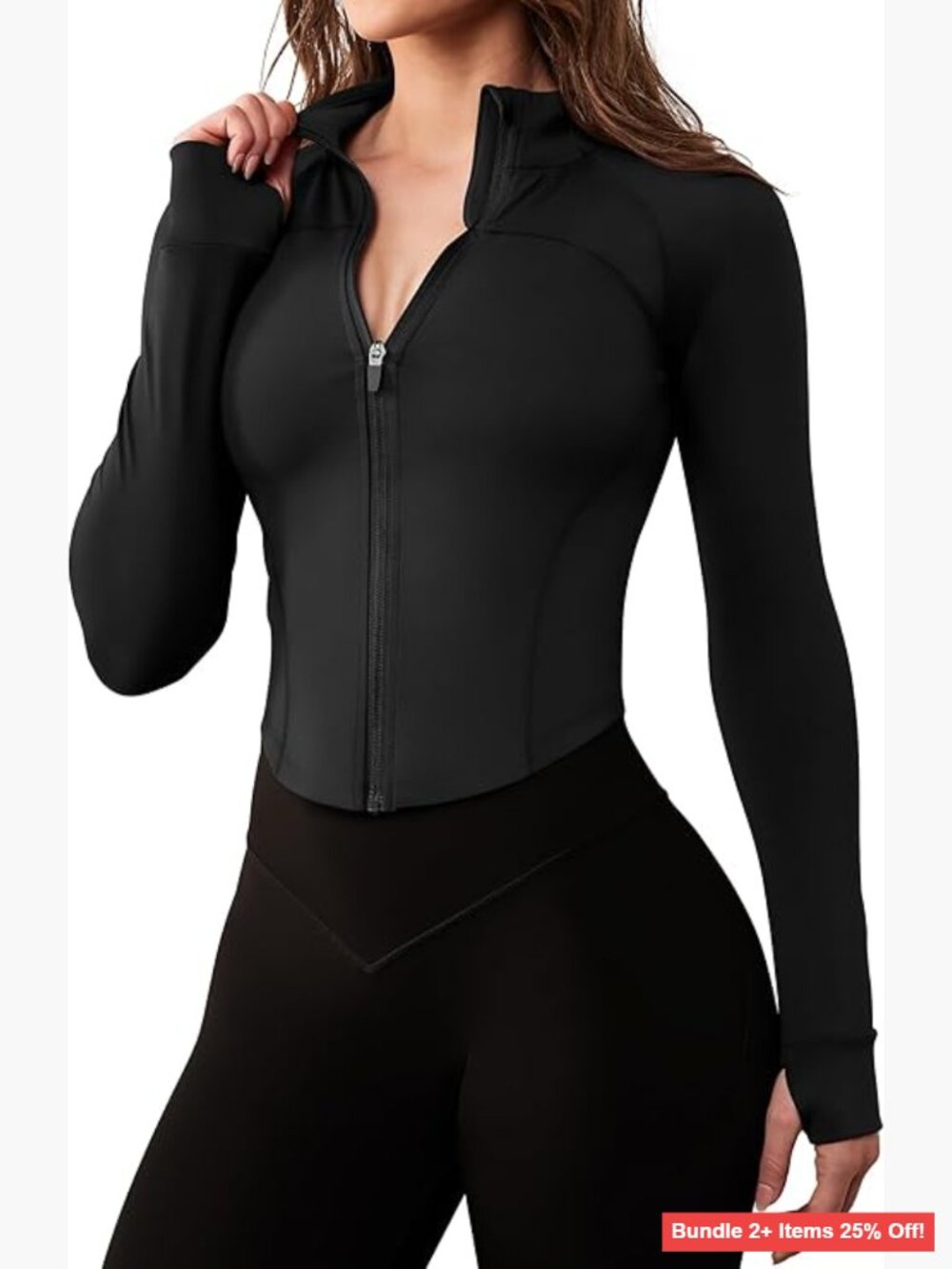 Cropped Zip Up Running Jacket with Thumb Holes Slim Fit Athletic